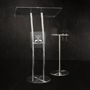 Pulpito e Mesa Hillsong Duas Hastes em Aço Inox e Acrílico